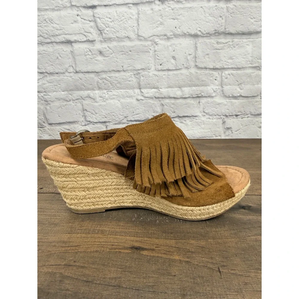 Minnetonka Womens 9 Brown Suede Fringe Espadrille Wedge Sandals Boho Festival